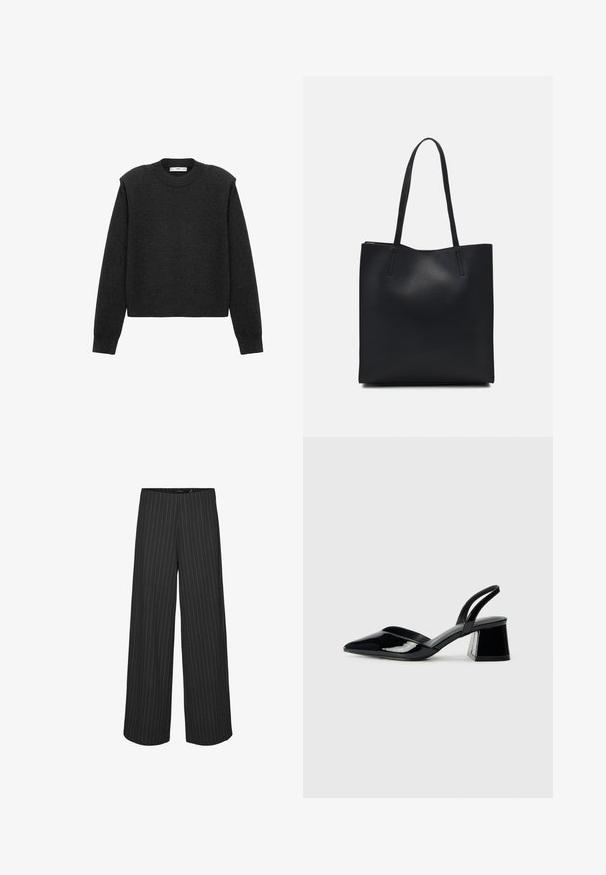 Mörkgrå, kortad tröja med långa ärmar, rundad halsringning och texturerad yta. Enkelt design utan mönster eller dekorationer.; Svarta vida byxor med vertikala vita ränder, med en skräddarsydd design och slät textur. Inga synliga fickor eller detaljer.; Svarta lackläder slingback klackar med spetsig tå och geometrisk klack. Har en elegant, minimalistisk design och slät yta.; Svart lädertoffelväska med slät textur, rektangulär form och två långa handtag. Ingen synlig hårdvara eller dekorationer.
