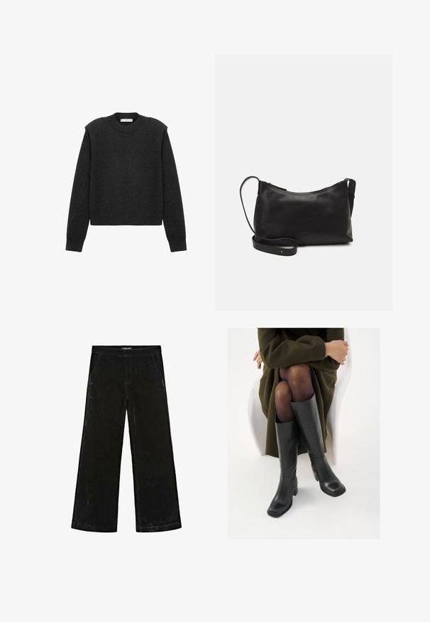 Pull en gris foncé, court, avec des manches longues, un col rond et une finition texturée. Design simple sans motifs ni embellissements.; Pantalons larges noirs en velours doux, présentant une taille mi-haute, deux poches latérales et des détails de couture subtils.; Bottes en cuir noires arrivant au genou, avec un bout carré et un talon carré, présentées sur un modèle assis dans un manteau vert olive. Texture lisse, détails minimaux.; Sac à épaule en cuir noir avec une texture lisse, une forme courbée, une bandoulière ajustable et une fermeture éclair. Design minimaliste sans embellissements.