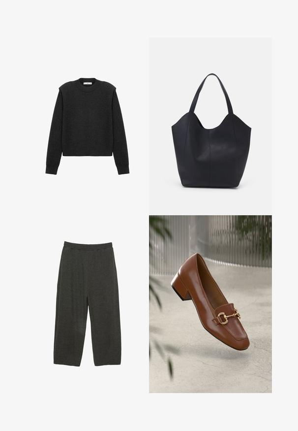 Tummanharmaa, lyhennetty villapaita pitkillä hihuilla, pyöreällä pääntiellä ja tekstuuripinnalla. Yksinkertainen muotoilu ilman kuvioita tai koristeita.; Tummanharmaat, löysästi istuvat housut, jotka on valmistettu pehmeästä materiaalista. Niissä on joustava vyötärö ja rento, suora lahjusuunnittelu.; Ruskea kiiltävä nahkaloaferi neliönmuotoisella varpaalla, metalliketjuaktsentilla ja matalalla tukijalalla; sileä rakenne, minimalistinen muotoilu.; Mustat kangaskassit, jotka on valmistettu sileästä nahasta, jossa on kaareva, avoin yläosa, kaksi olkahihnaa ja minimalistinen muotoilu.