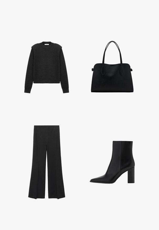 Pull en gris foncé, court, avec des manches longues, un col rond et une finition texturée. Design simple sans motifs ni embellissements.; Pantalons larges noirs avec des fines rayures verticales et une taille élastique, présentés à plat sur un fond blanc.; Botte chelsea en cuir noir avec un bout pointu, un talon carré, une texture lisse et des détails de couture le long des coutures. Les talons mesurent environ 8,9 cm.; Sac à main en cuir noir avec deux anses, de forme rectangulaire et au design minimaliste sur un fond blanc.