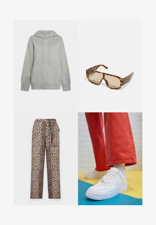 Harmaa huppari pehmeästä kankaasta, jossa on etupussi tasku, säätönyörit ja pieni valkoinen logo rinnassa.; Leopardi-kuosiset leveälahkeiset housut pehmeästä kankaasta, joissa on sidottava vyötäröyksityiskohta ja sileä pinta. Väriharmoniaan kuuluu beigen ja mustan sävyjä.; Valkoinen nahkakengät, joissa on rei'itetty varvasosa, teksturoitu pohja ja valkoiset nauhat, yhdistettynä leveisiin punaisiin housuihin ja sinikeltaiseen taustaan.; Aurinkolasit, joissa on paksu, kilpikonnakuosiset kehykset ruskeissa ja oransseissa sävyissä, isoilla ruskeasävyisillä linsseillä ja tyylikkäällä muotoilulla.