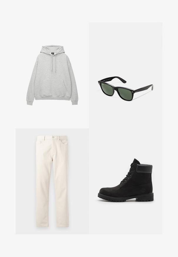Felpa grigia chiara realizzata in morbido misto cotone, con cappuccio regolabile, tasca a marsupio frontale e polsini e orlo a coste.; T-shirt bianco in cotone con maniche corte, scollatura tonda e linea dritta. Texture liscia senza motivi o dettagli visibili.; Pantaloni di cotone beige con un design a gamba dritta, cinque tasche, zip frontale e chiusura con bottone metallico. Tessuto liscio, senza motivi o decorazioni.; Stivale alla caviglia nero con lacci, colletto imbottito e suola robusta, mostrato in profilo su uno sfondo bianco.; Occhiali da sole in plastica nera con lenti verdi, montatura quadrata, dettaglio argento sulla parte superiore e steli con texture. Marchio indicato sulla parte interna dello stelo.