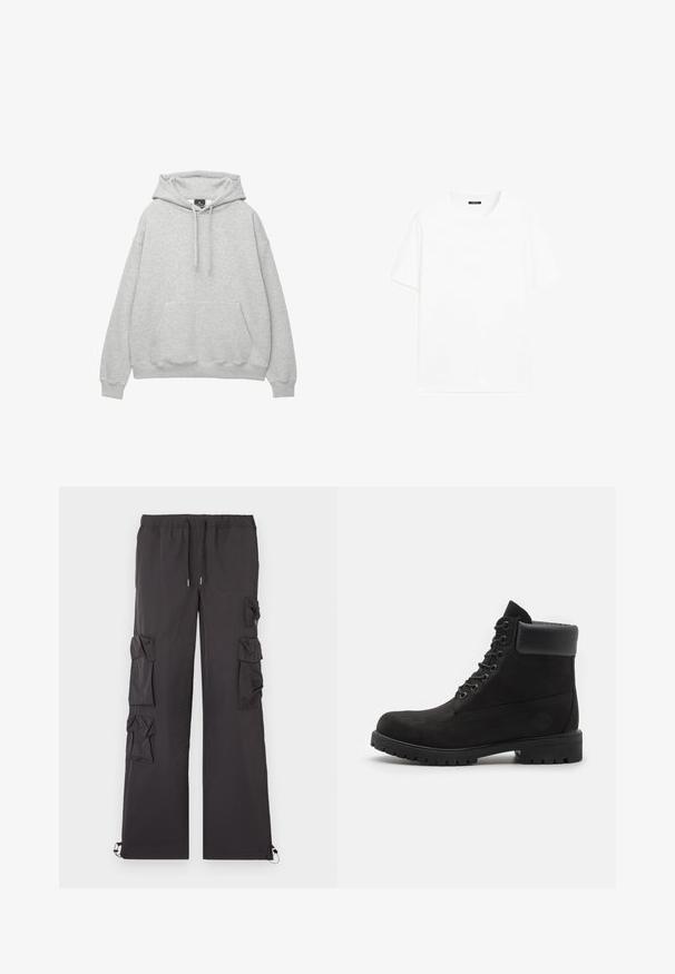 Hoodie gris clair en mélange de coton doux, avec une capuche à cordon de serrage, une poche avant à rabat et des poignets et un ourlet côtelés.; T-shirt en coton blanc à manches courtes, col rond et coupe droite. Texture lisse sans motifs ni accents visibles.; Pantalons cargo noirs avec une taille à cordon de serrage, comportant plusieurs poches sur les côtés et des poignets élastiques aux chevilles. Tissu léger.; Bottine noire à lacets avec col rembourré et semelle robuste, présentée de profil sur fond blanc.