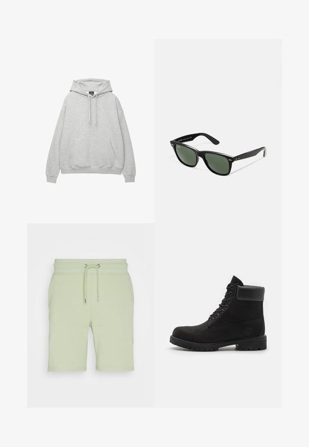 Lysegrå hoodie lavet af blødt bomuldsblanding, har en hætte med snor, frontlomme og ribbede manchetter og kant.; Hvid bomulds t-shirt med korte ærmer, rund halsudskæring og lige pasform. Glat tekstur uden synlige mønstre eller detaljer.; GANT REG SHIELD - Træningsbukser - milky matcha; Sorte snørebåndsstøvler til anklen med polstret krave og robust sål, vist i profil mod en hvid baggrund.; Sorte plastiksolkaber med grønne linser, firkantede stel, sølvaccent på brynene og teksturerede templede arme. Angivet mærke på den indre arm.
