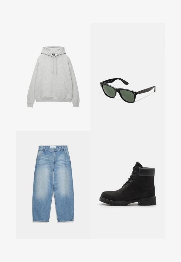 Lichtgrijze hoodie van een zachte katoenmix, met een trekkoordkap, een voorzak en ribgebreide manchetten en zoom.; Witte katoenen t-shirt met korte mouwen, ronde halslijn en recht gesneden. Gladde textuur zonder zichtbare patronen of accenten.; Lichtblauwe denim wijde jeans met een rits, vijf zakken en vervaagde details. De stof heeft een zachte textuur met een rechte snit.; Zwarte enkellaars met vetersluiting, voorzien van een gevoerde kraag en een robuuste zool, weergegeven in profiel tegen een witte achtergrond.; Zwarte plastic zonnebril met groene lenzen, vierkante montuur, zilveren accent op de wenkbrauw en een gestructureerde tempel. Merken vermeld op de binnenkant van de arm.