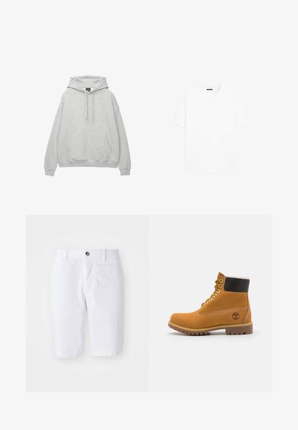 Lichtgrijze hoodie van een zachte katoenmix, met een trekkoordkap, een voorzak en ribgebreide manchetten en zoom.; Witte katoenen t-shirt met korte mouwen, ronde halslijn en recht gesneden. Gladde textuur zonder zichtbare patronen of accenten.; Witte katoenen shorts met een recht ontwerp, twee voorzakken en een enkele knoopsluiting in de taille. Gladde textuur, knielange pasvorm.; Bruine leren enkellaars met metalen oogjes, witte faux bont voering, zwarte gewatteerde kraag, robuuste zool en een reliëflogo aan de zijkant.