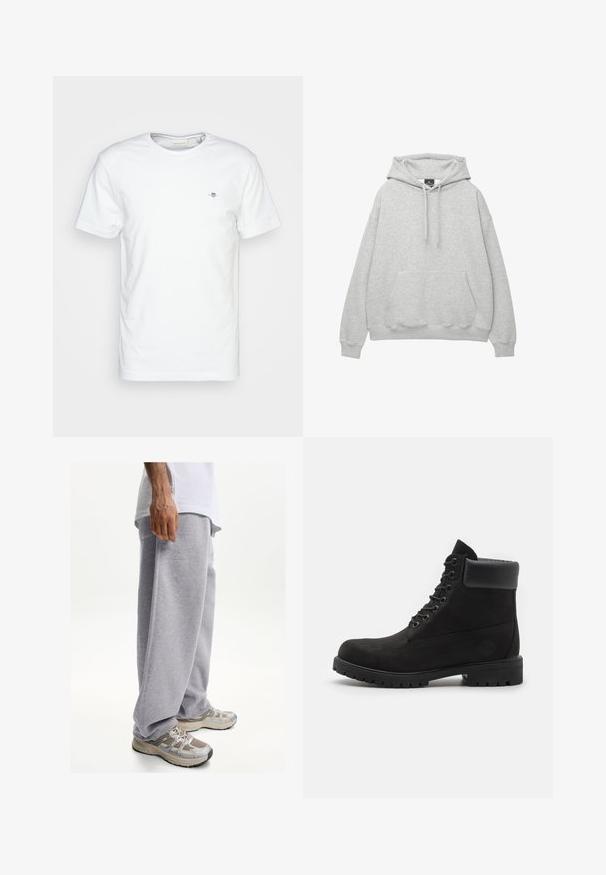 Lichtgrijze hoodie van een zachte katoenmix, met een trekkoordkap, een voorzak en ribgebreide manchetten en zoom.; Witte katoenen T-shirt met ronde hals en korte mouwen, met een klein logo op de borst en een gladde, schone textuur.; Grijze sweatpants van zachte stof, met een losse pasvorm en een elastische tailleband. Gecombineerd met beige en grijze sportschoenen.; Zwarte enkellaars met vetersluiting, voorzien van een gevoerde kraag en een robuuste zool, weergegeven in profiel tegen een witte achtergrond.