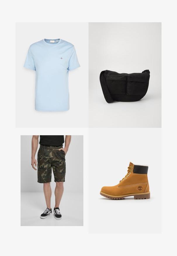 Vaaleanharmaa huppari, joka on valmistettu pehmeästä puuvillasekoitteesta. Siinä on naruilla säädettävä huppu, etupuolella tasku ja ribbaatut hihansuut sekä helma.; Vaaleansininen puuvillapaita, jossa on pyöreä kaula-aukko, lyhyt hiha ja pieni brodeerattu logo rinnassa. Sileä rakenne, normaali istuvuus.; Kampahousu cargo vaaleanvihreä- ja ruskeasävyinen kudottu kangas, jossa on cargo-taskut. Yhdistetty mustiin lenkkareihin, joissa on valkoiset nauhat.; Ruske nahkasaapad ankle-moodi, metallist silmadega, valge karvase voodriga, musta pehmendusega kaeluse ja läbilöökide tald. Kotiriide logo on küljes.; Mustakoska ristiselkäkott, jossa on säädettävä olkahihna, etutaskut ja pehmeä pinta. Kompakti muotoilu, jossa on vähäiset yksityiskohdat.