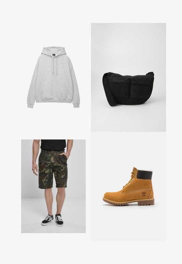 Svetlošedá mikina s kapucňou vyrobená z mäkkej bavlnenej zmesi, ktorá má šnúrku na kapucni, prednú vrecko a rebrované manžety a spodný lem.; Maskáľové cargo šortky s cargo vreckami, vyrobené z tkaniny v zelených a hnedých odtieňoch. V kombinácii s čiernymi teniskami s bielymi šnúrkami.; Hnedé kožené ankle boot s kovovými očkami, bielym kožúškom vo vnútri, čiernym vypolstrovaným golierom, robustnou podrážkou a vyrazeným logom na boku.; Čierna kordurová crossbody taška s nastaviteľným popruhom, obsahujúca predné vrecká a mäkkú textúru. Kompaktný dizajn s minimálnym zdobením.