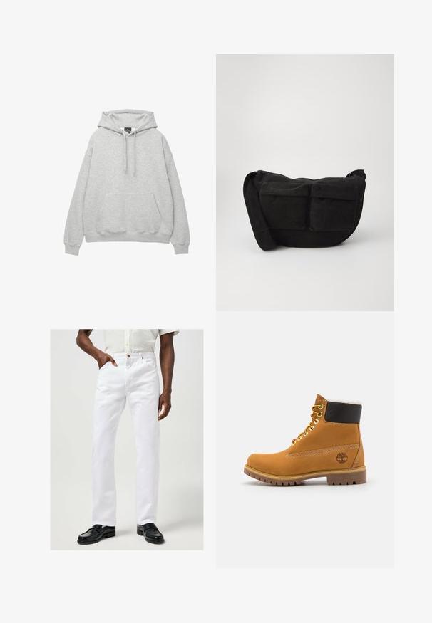 Ljusgrå huvtröja i mjuk bomullsblandning, med dragsko i huvan, framficka och ribbade muddar och fåll.; Vita denim jeans med rak bendesign, framfickor, knappstängning och kontraststickning, matchade med svarta skor.; Brun läderankelsko med metalöglor, vit pälsfoder, svart vadderad krage, robust sula och präglad logotyp på sidan.; Svart manchester axelremsväska med justerbar rem, som har framfickor och en mjuk textur. Kompakt design med minimala detaljer.