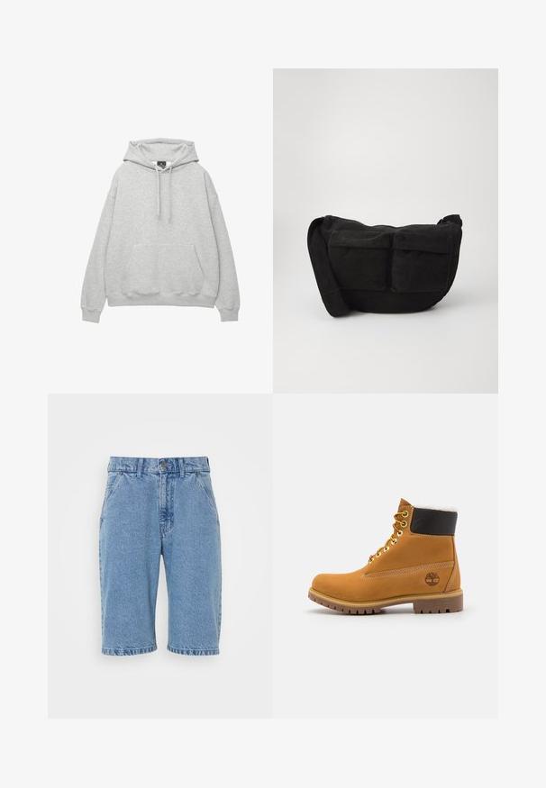 Hellgrauer Hoodie aus weichem Baumwollmix, mit einer Kordelzugkapuze, einer Fronttasche und gerippten Bündchen und Saum.; Hellblaue Denim-Shorts im klassischen Fünf-Taschen-Design, mit Knopf- und Reißverschluss, einem rohen Saum und einem verblassten Textur.; Braune Leder-Ankle-Boots mit Metallösen, weißem Kunstfellfutter, schwarzem gepolstertem Kragen, robustem Sohlenprofil und geprägtem Logo an der Seite.; Schwarze Cordtasche mit verstellbarem Schultergurt, ausgestattet mit Vordertaschen und einer weichen Textur. Kompaktes Design mit minimaler Gestaltung.