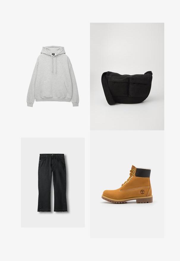 Světle šedá mikina s kapucí vyrobená z měkké směsi bavlny, má šňůrkovou kapuci, přední kapsu na klokaní styl a žebrované manžety a spodní lem.; Černé džíny s rovnými nohavicemi, se třepeným lemem, pěti kapsami a kovovými detaily. Klasický design a odolná textura.; Hnědá kožená kotníková bota s kovovými očka, bílou kožešinovou podšívkou, černým polstrovaným límcem, robustní podrážkou a raženým logem na boku.; Černá kordurová crossbody taška s nastavitelným popruhem, která má přední kapsy a měkkou texturu. Kompaktní design s minimálním zdobením.
