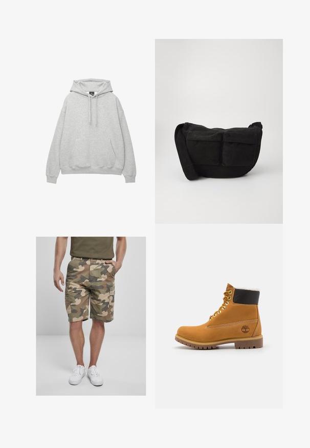 Jasnoszara bluza z kapturem, wykonana z miękkiej mieszanki bawełny, z troczkami w kapturze, kieszenią na przodzie oraz ściągaczami przy mankietach i u dołu.; Spodenki cargo w kamuflażu w kolorze zielonym, brązowym i beżowym, z wieloma kieszeniami i luźnym krojem. Wykonane z trwałego materiału, do kolan.; Brązowy skórzany but za kostkę z metalowymi oczkami, białym futerkiem w środku, czarnym wyściółką, solidną podeszwą i wytłoczonym logo po boku.; Czarny torba na ramię z kordurowego materiału z regulowanym paskiem, z przednimi kieszeniami i miękką teksturą. Kompaktowy design z minimalnymi detalami.