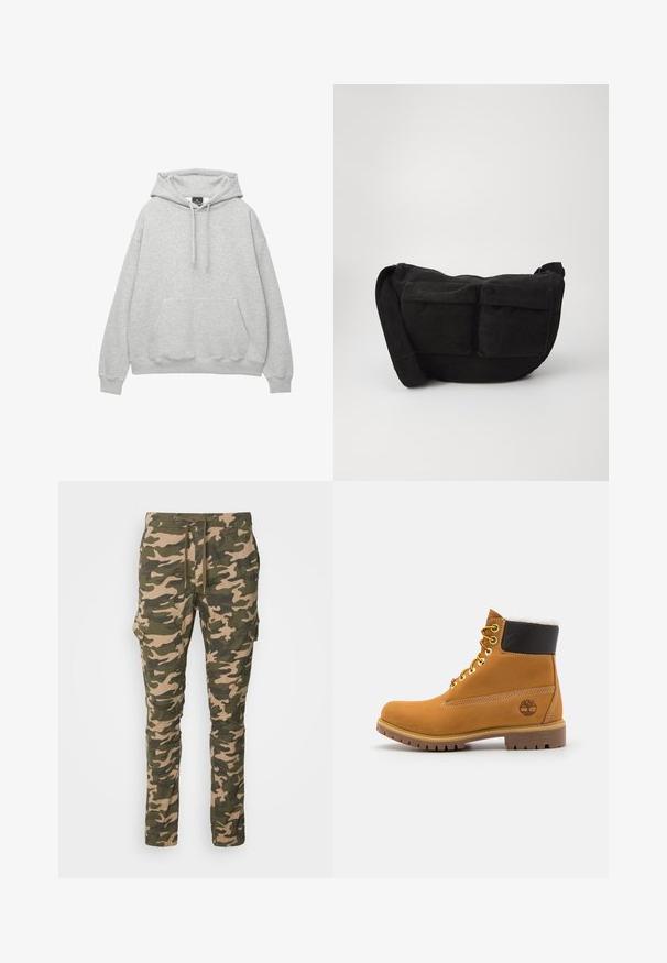 Hellgrauer Hoodie aus weichem Baumwollmix, mit einer Kordelzugkapuze, einer Fronttasche und gerippten Bündchen und Saum.; Tarn cargo-Hosen in Grün und Beige, aus einem Stoff mit glatter Textur. Mit seitlichen Taschen und einem elastischen Bund mit Kordelzug.; Braune Leder-Ankle-Boots mit Metallösen, weißem Kunstfellfutter, schwarzem gepolstertem Kragen, robustem Sohlenprofil und geprägtem Logo an der Seite.; Schwarze Cordtasche mit verstellbarem Schultergurt, ausgestattet mit Vordertaschen und einer weichen Textur. Kompaktes Design mit minimaler Gestaltung.