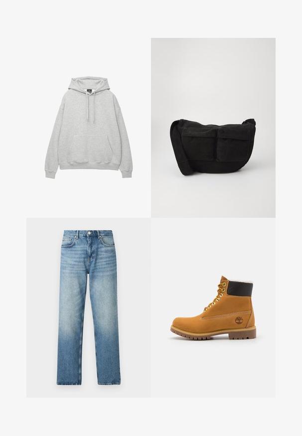 Světle šedá mikina s kapucí vyrobená z měkké směsi bavlny, má šňůrkovou kapuci, přední kapsu na klokaní styl a žebrované manžety a spodní lem.; Světle modré džíny s rovnýcm střihem, s knoflíkovým zapínáním, pěti kapsami a jemným vyblednutím u lemování. Hladká textura.; Hnědá kožená kotníková bota s kovovými očka, bílou kožešinovou podšívkou, černým polstrovaným límcem, robustní podrážkou a raženým logem na boku.; Černá kordurová crossbody taška s nastavitelným popruhem, která má přední kapsy a měkkou texturu. Kompaktní design s minimálním zdobením.