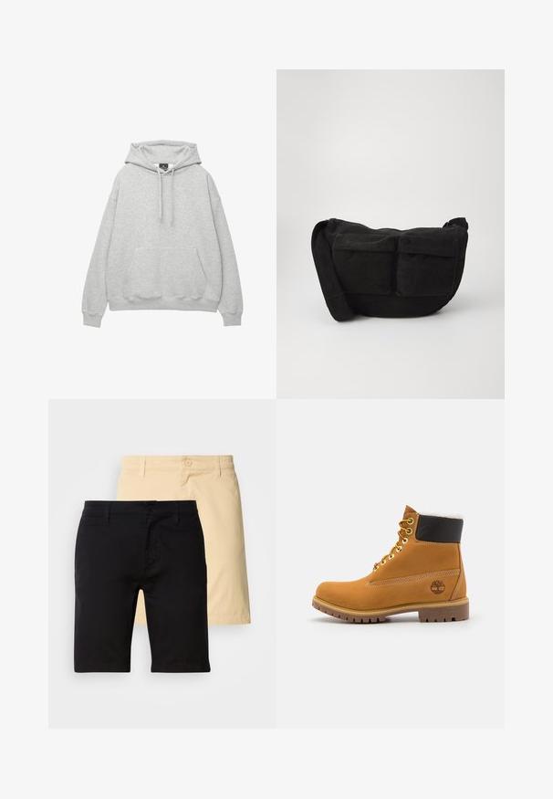 Lichtgrijze hoodie van een zachte katoenmix, met een trekkoordkap, een voorzak en ribgebreide manchetten en zoom.; Zwarte en beige korte broek van katoen, met een knoopsluiting, riemlussen en een recht gesneden ontwerp. De zwarte korte broek staat vooraan.; Bruine leren enkellaars met metalen oogjes, witte faux bont voering, zwarte gewatteerde kraag, robuuste zool en een reliëflogo aan de zijkant.; Zwarte corduroy schoudertas met verstelbare strap, voorzien van voorzakken en een zachte textuur. Compact ontwerp met minimale details.