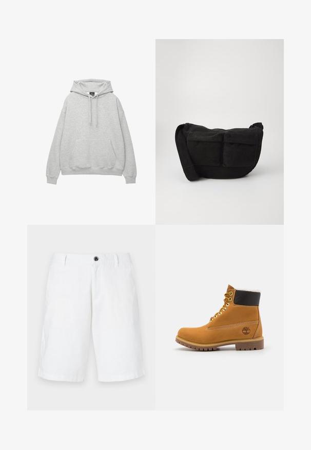 Světle šedá mikina s kapucí vyrobená z měkké směsi bavlny, má šňůrkovou kapuci, přední kapsu na klokaní styl a žebrované manžety a spodní lem.; Bílé lněné šortky s volným střihem, jedním knoflíkovým zapínáním, poutky na opasek a bočními kapsami. Hladká textura a rovný lem.; Hnědá kožená kotníková bota s kovovými očka, bílou kožešinovou podšívkou, černým polstrovaným límcem, robustní podrážkou a raženým logem na boku.; Černá kordurová crossbody taška s nastavitelným popruhem, která má přední kapsy a měkkou texturu. Kompaktní design s minimálním zdobením.