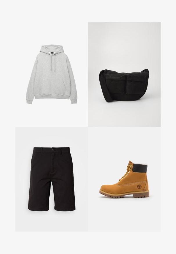 Felpa grigia chiara realizzata in morbido misto cotone, con cappuccio regolabile, tasca a marsupio frontale e polsini e orlo a coste.; Pantaloni corti neri realizzati in un tessuto leggero, con chiusura frontale a bottoni, passanti per cintura, tasche laterali e un taglio dritto con orli arrotolati.; Stivale alla caviglia in pelle marrone con occhielli metallici, fodera in pelliccia bianca, colletto imbottito nero, suola robusta e logo impresso sul lato.; Borsa a tracolla in corduroy nero con spallaccio regolabile, dotata di tasche frontali e una texture morbida. Design compatto con dettagli minimi.