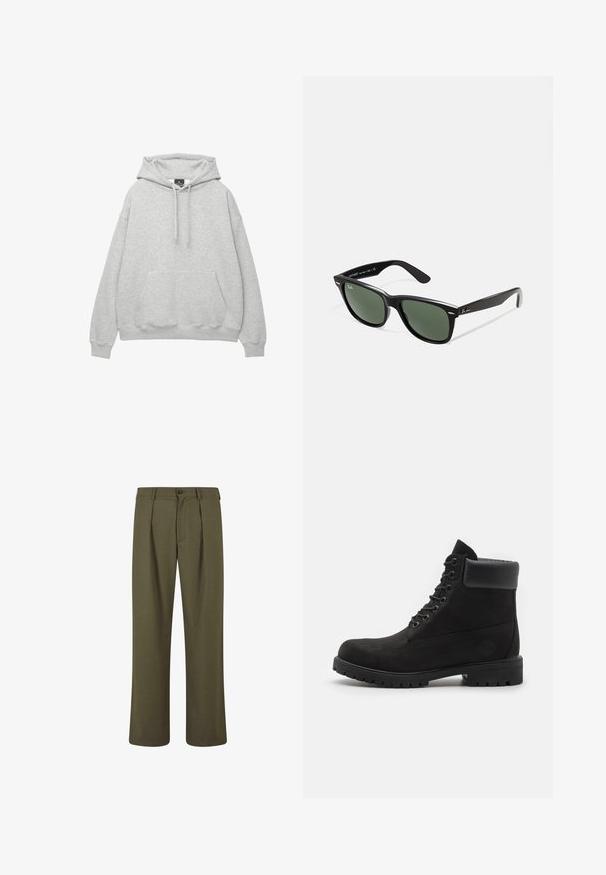 Svijetlosiva dukserica od mekog pamučnog spoja, s kapuljačom na vezanje, prednjim džepom i rebrastim manžetama i rubom.; Maslinasto zelene hlače s krojem prilagođenim figuri, s naborima sprijeda, zatvorenjem na gumb i ravnim nogavicama. Glatka tekstura tkanine.; Crne čizme s vezicama do gležnja, s podstavljenim ovratnikom i čvrstim potplatom, prikazane u profilu na bijeloj pozadini.; Crne plastične sunčane naočale s zelenim staklima, kvadratni okviri, srebrni naglasak na obrvi i teksturirane ručke. Naziv brenda naveden na unutrašnjoj strani ručke.; Crni šal s resicama na krajevima; izrađen od mekanog materijala i ima glatku teksturu. Pravokutnog oblika, prikladan za razne styline ozdravljenje.