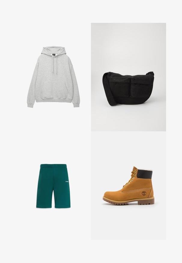 Világosszürke kapucnis pulóver, puha pamut keverékből készült, húzózsinóros kapucnival, elülső zsebbel és bordás mandzsettával, valamint alsó résszel rendelkezik.; Tengerés kék atlétikai rövidnadrág elasztikus derékkal, sima felülettel és kis fehér logóval a jobb oldalon.; Barna bőrből készült bokacsizma fém fűzőlyukakkal, fehér szőr béléssel, fekete párnázott gallérral, strapabíró talppal és dombornyomott logóval az oldalán.; Fekete kordbársony keresztpántos táska állítható pánttal, elülső zsebekkel és puha tapintással. Kompakt dizájn minimális részletezéssel.