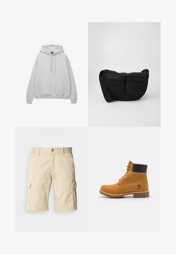 Felpa grigia chiara realizzata in morbido misto cotone, con cappuccio regolabile, tasca a marsupio frontale e polsini e orlo a coste.; Pantaloni cargo beige con chiusura a bottoni, due tasche laterali e due tasche cargo sulle cosce. Realizzati in resistente tessuto di cotone.; Stivale alla caviglia in pelle marrone con occhielli metallici, fodera in pelliccia bianca, colletto imbottito nero, suola robusta e logo impresso sul lato.; Borsa a tracolla in corduroy nero con spallaccio regolabile, dotata di tasche frontali e una texture morbida. Design compatto con dettagli minimi.