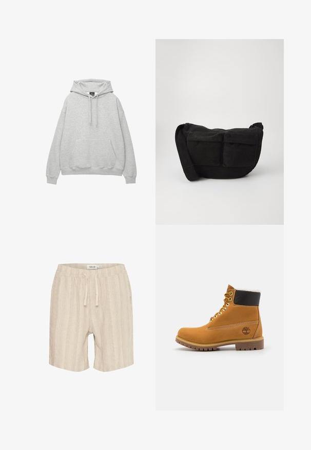 Světle šedá mikina s kapucí vyrobená z měkké směsi bavlny, má šňůrkovou kapuci, přední kapsu na klokaní styl a žebrované manžety a spodní lem.; Bežové bavlněné šortky s vertikálními proužky, elastickým pasem, šňůrkou na stažení a bočními kapsami. Měkká textura a ležérní design.; Hnědá kožená kotníková bota s kovovými očka, bílou kožešinovou podšívkou, černým polstrovaným límcem, robustní podrážkou a raženým logem na boku.; Černá kordurová crossbody taška s nastavitelným popruhem, která má přední kapsy a měkkou texturu. Kompaktní design s minimálním zdobením.