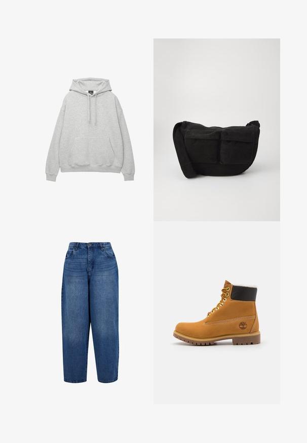 Világosszürke kapucnis pulóver, puha pamut keverékből készült, húzózsinóros kapucnival, elülső zsebbel és bordás mandzsettával, valamint alsó résszel rendelkezik.; Közép kék farmer, magas derékkal és egyenes lábú szabással. Öt zsebes kialakítás, fémből készült gombos záródás és duplán varrt szegély jellemzi.; Barna bőrből készült bokacsizma fém fűzőlyukakkal, fehér szőr béléssel, fekete párnázott gallérral, strapabíró talppal és dombornyomott logóval az oldalán.; Fekete kordbársony keresztpántos táska állítható pánttal, elülső zsebekkel és puha tapintással. Kompakt dizájn minimális részletezéssel.
