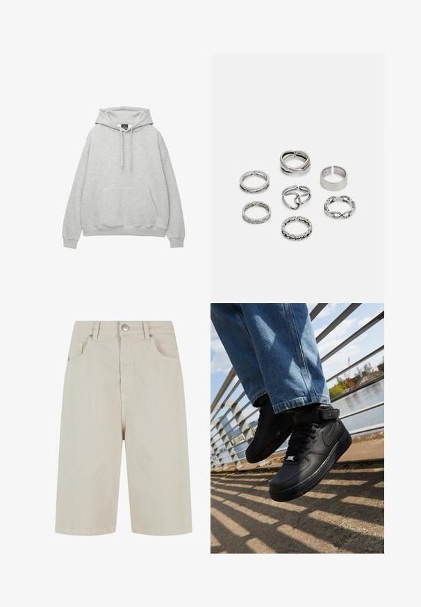 Lichtgrijze hoodie van een zachte katoenmix, met een trekkoordkap, een voorzak en ribgebreide manchetten en zoom.; Beige denim shorts met een rechte snit, een sluiting met een knop aan de voorkant en vier zakken. De stof heeft een gladde textuur en minimale stikseldetails.; Zwarte Nike Air Force 1 sneakers met leren bovenkant, mesh tong en rubberen zool, met een high-top ontwerp en dikke veters.; Set van zeven zilveren ringen met verschillende ontwerpen, waaronder gedraaide, verbonden en gegraveerde patronen. Verschillende vormen en breedtes.