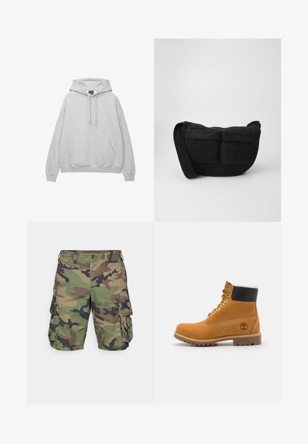 Světle šedá mikina s kapucí vyrobená z měkké směsi bavlny, má šňůrkovou kapuci, přední kapsu na klokaní styl a žebrované manžety a spodní lem.; Maskovací cargo šortky v zelené, hnědé a černé barvě. Vyrobeny z lehkého materiálu s bočními kapsami a zapínáním na knoflík, mají volný střih.; Hnědá kožená kotníková bota s kovovými očka, bílou kožešinovou podšívkou, černým polstrovaným límcem, robustní podrážkou a raženým logem na boku.; Černá kordurová crossbody taška s nastavitelným popruhem, která má přední kapsy a měkkou texturu. Kompaktní design s minimálním zdobením.