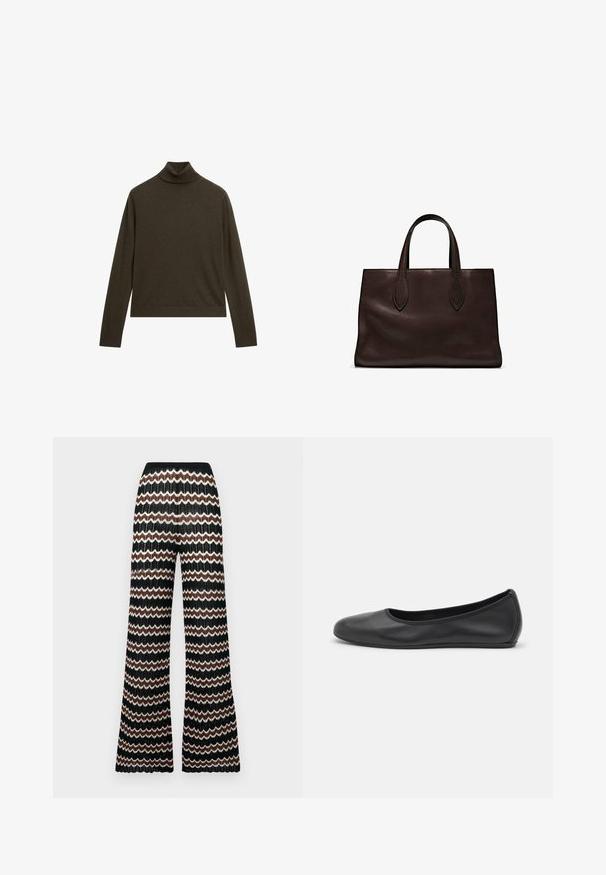 Mörkgrön polotröja gjord av mjukt material, med långa ärmar och ribbad halsringning, i en avslappnad passform och med en minimalistisk design.; Virkat vidbyx med ett zigzagmönster i svart, vitt och brunt. Har en texturerad finish och ett elastiskt midjeband.; Svart läderballerinaskor med rund tå, slät yta, minimala söm detaljer och en flexibel sula.; Brun läder tote-väska med två avlånga handtag, strukturerad rektangulär form, slät textur och subtila sömdetaljer.; Guldgalvaniserade hoopörhängen med en böjd, oregelbunden form och en slät, polerad yta. Inga synliga detaljer eller dekorationer.