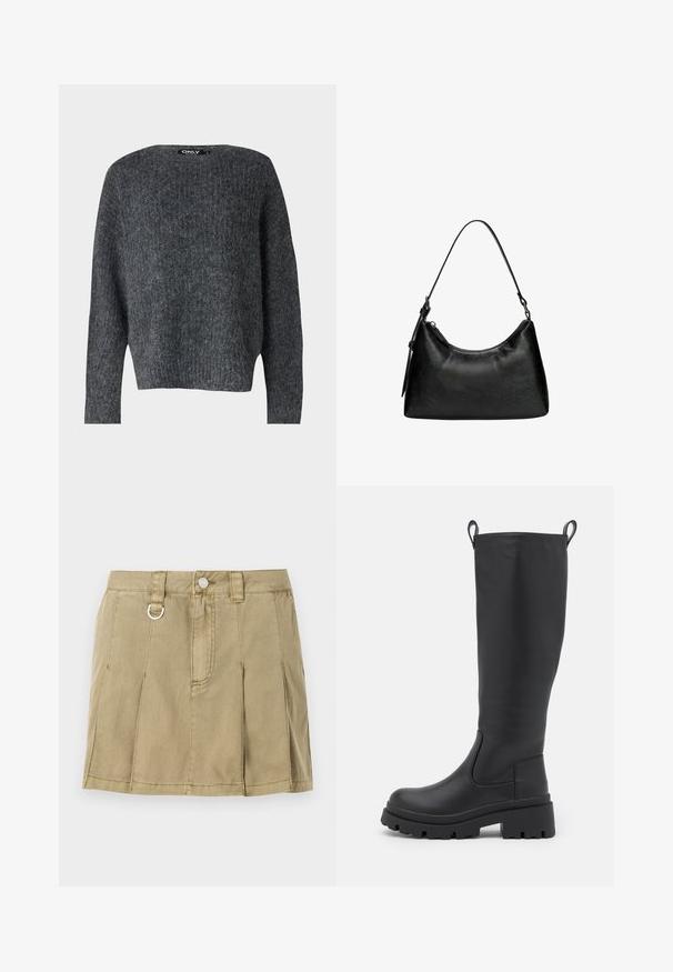 ONLY ONLMOON LIFE SLIT - Pulover - dark grey; Svetlo olivno zelena denim krila z štirimi nožnimi naborki, sprednjim gumbom za zapiranje in kovinskim obročkom kot okras na pasu.; Črne škornje do kolen iz gladke usnja z masivnim podplatom in rahlim peto. Imajo zanke za potegniti in elastične stranske panele za enostavno obuvanje.; Črna sintetična usnjena torbica s ukrivljeno obliko, kratko ročico, zapiranjem na zadrgo in subtilnim teksturiranim vzorcem na površini.