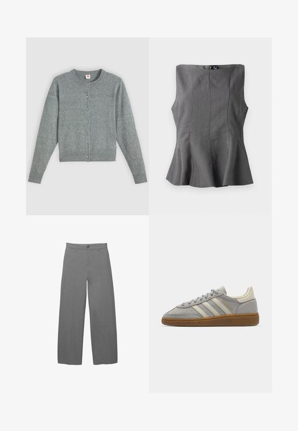 Grauer, langärmeliger Cardigan aus weichem Wollmix, mit rundem Halsausschnitt, Knopfverschluss sowie geripptem Saum und Bündchen.; Graues Peplum-Top mit strukturiertem, ärmellosem Design. Hergestellt aus glattem Stoff, mit senkrechten Nähten und geradem Halsausschnitt.; Hellgraue Hosen mit weitem Bein aus einem glatten, strukturierten Stoff, mit einer vorderen Knopfverschlussleiste und Gürtelschlaufen an der Taille.; Graue Wildledersneaker mit hellgrauen Lederstreifen und einer Sohle aus Gummi. Zu den Merkmalen gehören eine Schnürung und dezente Markenkennzeichnung auf der Zunge.