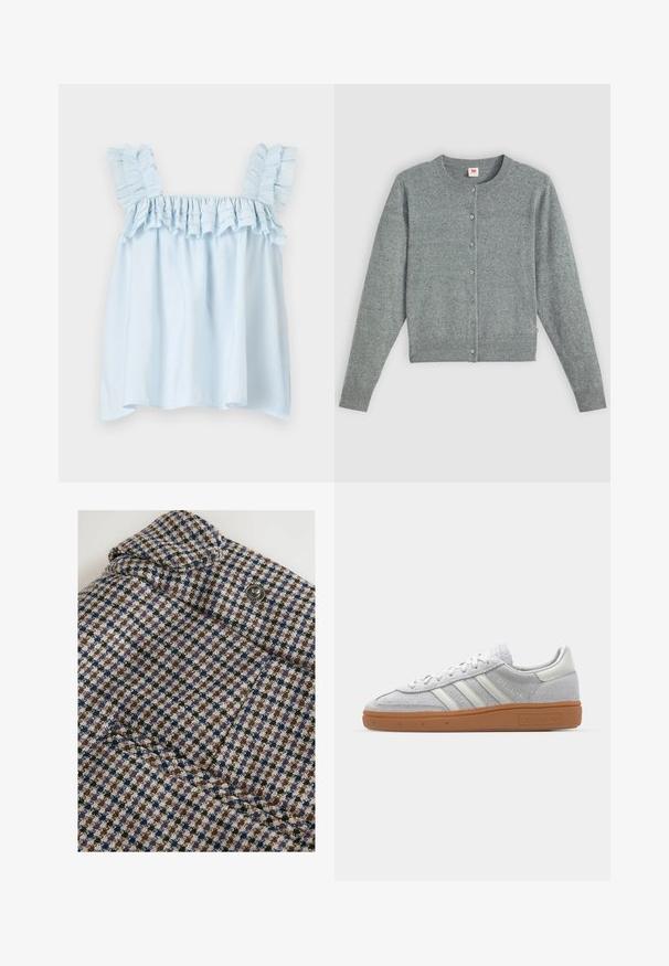 Grå, langærmet cardigan lavet af blødt uld-blanding, med rund hals, knappelukning og ribbet kant og manchetter.; Lyseblå ærmeløs top med flæsekant detaljer og samlet halsudskæring. Fremstillet af letvægtsstof, med bløde teksturer og en løs pasform.; Next REGULAR FIT - CHECK BARREL TAILORED - Bukser - brown; Lys grå ruskinds sneaker med hvide læderdetaljer, tre hvide striber og en brun gummisål, der har en polstret krave for komfort.