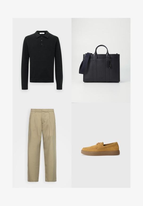 Black long-sleeve knitted polo sweater with three black buttons and a fold-down collar, displayed on a white background.; Beige, high-waisted trousers with a straight cut, featuring a flat front, side pockets, and a smooth, textured fabric.; Brown suede slip-on shoes with a textured finish, round toe, and contrasting rubber sole. Features subtle branding near the heel.; Dark navy leather briefcase with dual top handles and a detachable strap. Features textured finish, vertical stitching, and logo detail.