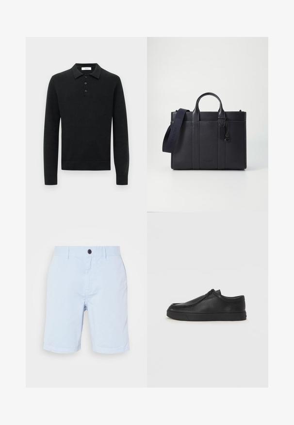 Černý pletený polo svetr s dlouhým rukávem, třemi černými knoflíky a skládacím límcem, vystavený na bílém pozadí.; Světle modré bavlněné šortky s předním zapínáním na knoflík, poutky na pás a rovnými nohavicemi. Hladká textura bez viditelných vzorů.; Černé kožené nazouvací boty s kulatou špičkou, prošitím a černou gumovou podrážkou. Hladký povrch s minimalistickým designem.; Tmavě námořnická kožená aktovka s dvojitými horními rukojeťmi a odnímatelným popruhem. Má texturovaný povrch, vertikální švy a detail s logem.
