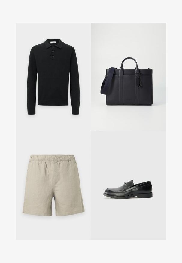 Black long-sleeve knitted polo sweater with three black buttons and a fold-down collar, displayed on a white background.; Light beige linen shorts with an elastic waistband, featuring a straight cut and side stitching details. Smooth, breathable texture.; Black leather loafers with a rounded toe, featuring a stitched design, a small front strap with hardware detailing, and a flat rubber sole.; Dark navy leather briefcase with dual top handles and a detachable strap. Features textured finish, vertical stitching, and logo detail.