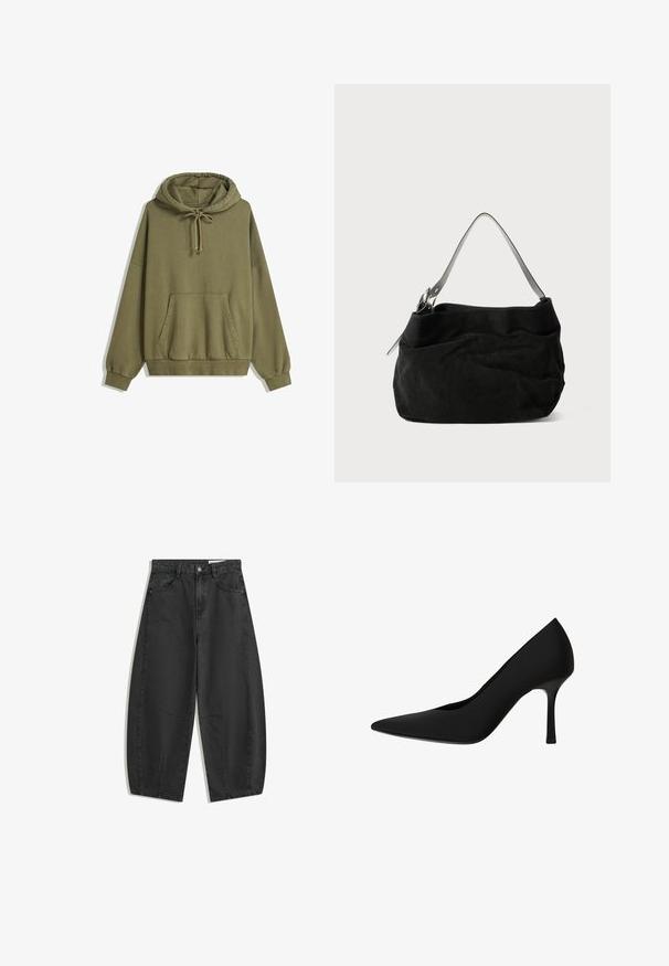 Olivno zelena kapuca s vezalko, kengurujskim žepom, dolgimi rokavi ter rebrastimi manšetami in robom na beli podlagi.; Črne široke jeans hlače z visokim pasom, sprednjimi žepnimi, zankami za pas in gumbom za zapiranje, prikazane ravno na belem ozadju.; Črne visoke pete s potezom iz gladkega materiala, s koničastim prstom, elegantnim dizajnom in stiletto peto. Brez vidnih vzorcev ali dodatkov.; Črna sued torba s mehkimi, visečimi oblikami. Ima tanek, gladek usnjen naramnico in diskretne šivane detajle.