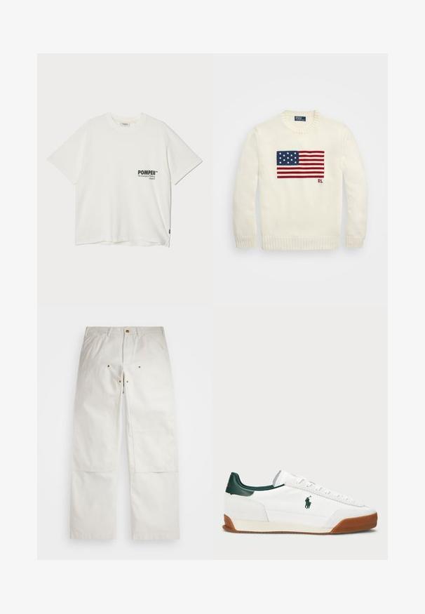 Bílý pletený svetr s obdélníkovým vzorem americké vlajky v červené, bílé a modré barvě uprostřed, s ribem na límci a manžetách.; Pompeii BOXY TEE - Triko s potiskem - off-white; Bílé bavlněné kalhoty s volným střihem, předními kapsami, zlatými kovovými detaily a výztuhami na kolenou.; Bílé tenisky se zelenými koženými akcenty a béžovou gumovou podrážkou. Vlastnosti zahrnují textilní tělo a výrazné logo na boku. Šněrovací design.