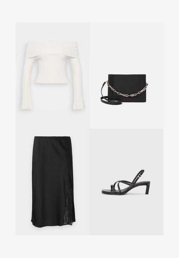 Top z usnjena ramena, rebrast pletenina v beli barvi. Kratka zasnova z dolgimi rokavi, ki se širi pri zapestjih. Mehak material, minimalno okrasitev.; Črna svilnata krila z gladko teksturo, s čipkastim poudarkom na eni strani in ravnim robom. Elastični pas za prilagodljivo prileganje.; Črne natikače s trakovi in kvadratnim prstom ter nizkim blokastim peto. Imajo več tankih trakov in nastavljiv trak okoli gležnja. Narejene so iz gladkega usnja.; Črna usnjena torba čez ramo z gladko teksturo, pravokotno obliko in kovinskim verižnim detajlom spredaj. Vključena je nastavljiva naramnica.