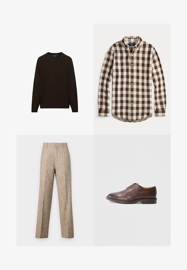 Hnědý žebrovaný svetr s dlouhými rukávy a kulatým výstřihem. Má texturovanou látku a těsný střih v pase a na manžetách.; Košile s dlouhým rukávem na knoflíky s hnědým a krémovým kostičkovaným vzorem, zapnutým límečkem a jemně vyšitým logem na hrudi.; Béžové kalhoty na míru z texturované látky, se střihem rovného střihu, předními sklady a pasem. Žádné viditelné kapsy ani zapínání.; Hnědé kožené pánské formální boty na šněrování s hladkým povrchem a vrstveným podpatkem na bílém pozadí.