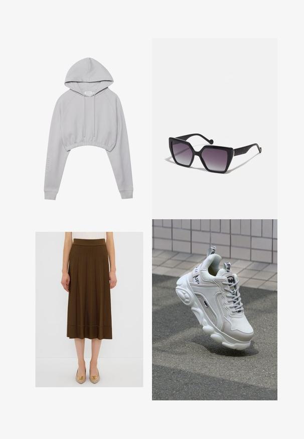 Sweat à capuche court gris clair, doté d'une capuche avec cordon, de manches raglan, d'un ourlet côtelé et du texte "ACTIVE" sur une manche.; Jupe midi plissée marron avec une large taille et un détail de couture horizontale à l'ourlet, associée à des chaussures beiges avec des accents dorés.; Sneaker blanc en matériaux mesh et cuir, bout arrondi, semelle épaisse, lacets proéminents et marqué au talon et sur la languette.; LIU JO Lunettes de soleil - black