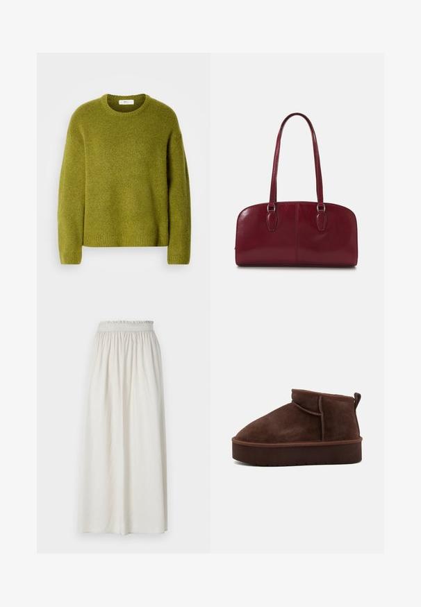 Langærmet olivengrøn strikket sweater med ribstrikkede manchetter, kant og rund halsudskæring på hvid baggrund.; Hvid bomuld t-shirt med korte ærmer, rund hals og en glat tekstur. Bagsiden er ensfarvet uden ekstra mønstre eller designs.; Lys beige, knælang nederdel lavet af blødt stof med elastisk talje og plisseret design for en afslappet pasform.; Brune ruskind ankelstøvle med en rund tå, blød tekstur og en tyk platformsål. Har en diskret sømdetalje og en pull-tab bagpå.; Zign LEATHER - Håndtasker - dark red
