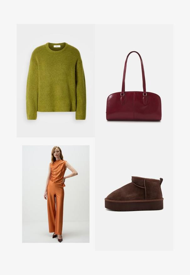 Olivegrüner Strickpullover mit langen Ärmeln, gerippten Bündchen, Saum und Rundhalsausschnitt auf weißem Hintergrund.; Weißes Baumwoll-T-Shirt mit kurzen Ärmeln, rundem Ausschnitt und glatter Textur. Die Rückseite ist einfarbig ohne zusätzliche Muster oder Designs.; Oranges Satinoberteil mit gerafftem Ausschnitt, kombiniert mit passenden weiten Hosen. Das Modell trägt braune High Heels. Schlichtes, nahtloses Design.; Braune Wildleder-Stiefelette mit runder Spitze, weicher Oberfläche und dicker Plattformsohle. Verfügt über dezente Nähte und eine Lasche an der Rückseite.; Zign LEATHER - Handtasche - dark red