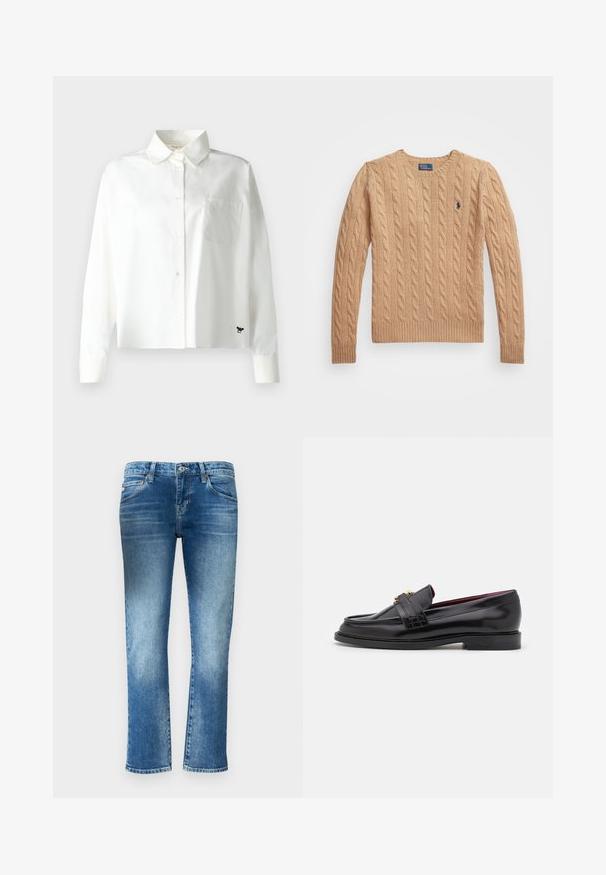 Beige cable-knit sweater with a crew neckline, ribbed cuffs and hem, and a small logo on the left chest. Soft, textured fabric.; WEEKEND MaxMara Button-down blouse - bianco; Light blue denim jeans with a straight leg design, subtle fading, and a medium rise waist. Features five pockets and belt loops.; Black leather loafers with a stitched pattern, smooth texture, gold buckle detail, and a rounded toe, set on a low black sole.