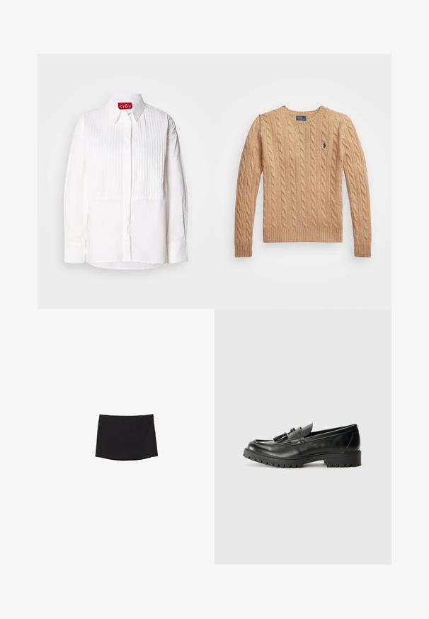 Beige svetr s kabelovým pletením s kulatým výstřihem, pruhem na manžetách a spodním lemu, a malým logem na levé hrudi. Měkká, texturovaná tkanina.; Bílá košile s předním létem, které má vertikální skladby, dlouhými rukávy a špičatým límcem. Vnitřní štítek s nápisem "cras." Hladká textura tkaniny.; Černá mini sukně vyrobená z hladkého, elastického materiálu; má rovný střih s decentním lemem a bez viditelných zapínání nebo vzorů.; Černé kožené mokasíny s zaoblenou špičkou, výrazným prošíváním a texturovanou gumovou podrážkou. Obsahují dekorativní kovové prvky na nártu.