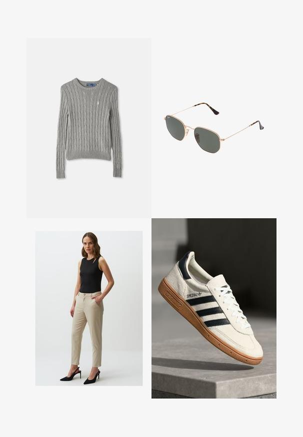Grijze kabelgebreide trui met lange mouwen, een geribbelde zoom en een ronde hals. Kleine logo-accent op de borst.; Zwarte mouwloze top met een schouderuitsnijding, gecombineerd met beige tapse broeken met voorzakken en een knoopsluiting. Zwarte puntige hakken.; Witte suède sneakers met marineblauwe strepen, rubberen gumzool, gestructureerde bovenkant, ronde neus en veters; heeft branding aan de zijkant en op de tong.; Gouden metalen zonnebril met donkergroene lenzen, aviator-stijl, met slanke scharnieren en schildpad-accenten op de uiteinden.