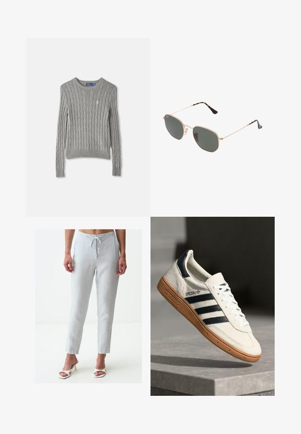 Grijze kabelgebreide trui met lange mouwen, een geribbelde zoom en een ronde hals. Kleine logo-accent op de borst.; Lichtgrijze linnen broek met een koord in de taille, slim fit, taps toelopende benen en twee zijzakken, gecombineerd met witte open teenhakken.; Witte suède sneakers met marineblauwe strepen, rubberen gumzool, gestructureerde bovenkant, ronde neus en veters; heeft branding aan de zijkant en op de tong.; Gouden metalen zonnebril met donkergroene lenzen, aviator-stijl, met slanke scharnieren en schildpad-accenten op de uiteinden.; Grijze synthetische draagtas met twee lange handvatten en een bijpassend klein met rits te sluiten etui met een kwastje. Gladde textuur met een subtiel patroon.