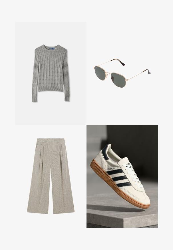 Grå kabelstickad tröja med långa ärmar, ribbad nederdel och rundad halsringning. Litet logga på bröstet.; Byxorna med vida ben är gjorda av ett texturerat tyg i en dämpad grå färg med subtila vertikala ränder. De har veck i midjan för extra detalj.; Vita mockasnörning med marinblå ränder, gummisula, strukturerad ovandel, rund tå och snörning; har varumärke på sidan och tungan.; Guldmetallramda solglasögon med mörkgröna linser, pilotstil, med smala armfästen och sköldpaddsmönstra detaljer på spetsarna.; Grå syntetisk toteväska med två långa handtag och en matchande liten dragkedjepåse med en tofs. Slät textur med subtilt mönster.