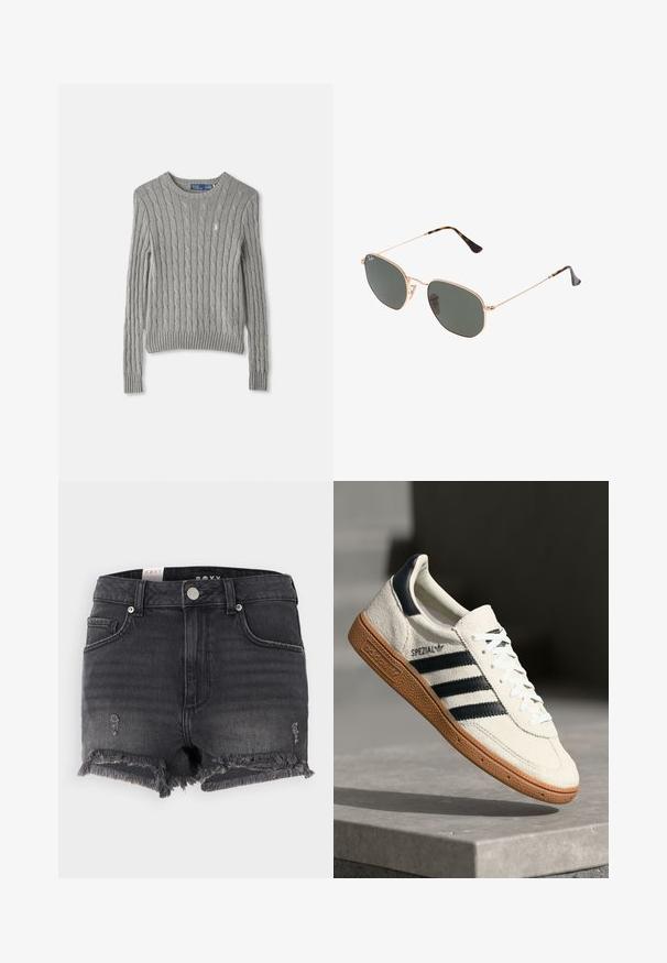 Gray cable-knit sweater featuring long sleeves, a ribbed hem, and a crew neckline. Small logo accent on the chest.; Black denim shorts with a frayed hem, distressed detailing, and a metal button closure. Features a classic design and five-pocket style.; White suede sneaker with navy stripes, rubber gum sole, textured upper, round toe, and lacing; features branding on the side and tongue.; Gold metal-frame sunglasses with dark green lenses, aviator style, featuring slim arms and tortoiseshell accents on the tips.; Gray synthetic tote bag with two long handles and a matching small zippered pouch featuring a tassel. Smooth texture with subtle pattern.