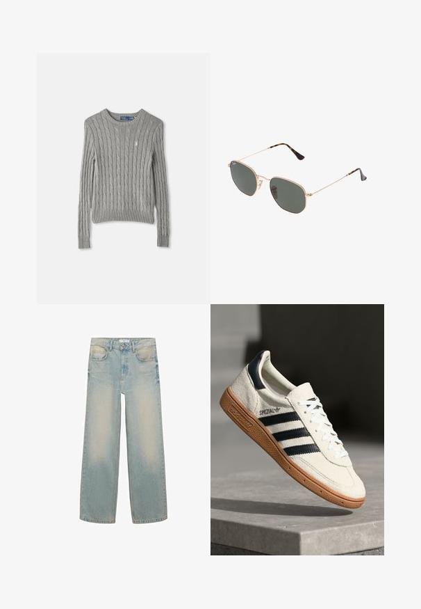 Gray cable-knit sweater featuring long sleeves, a ribbed hem, and a crew neckline. Small logo accent on the chest.; Mango Relaxed fit jeans - light blue; White suede sneaker with navy stripes, rubber gum sole, textured upper, round toe, and lacing; features branding on the side and tongue.; Gold metal-frame sunglasses with dark green lenses, aviator style, featuring slim arms and tortoiseshell accents on the tips.; Gray synthetic tote bag with two long handles and a matching small zippered pouch featuring a tassel. Smooth texture with subtle pattern.